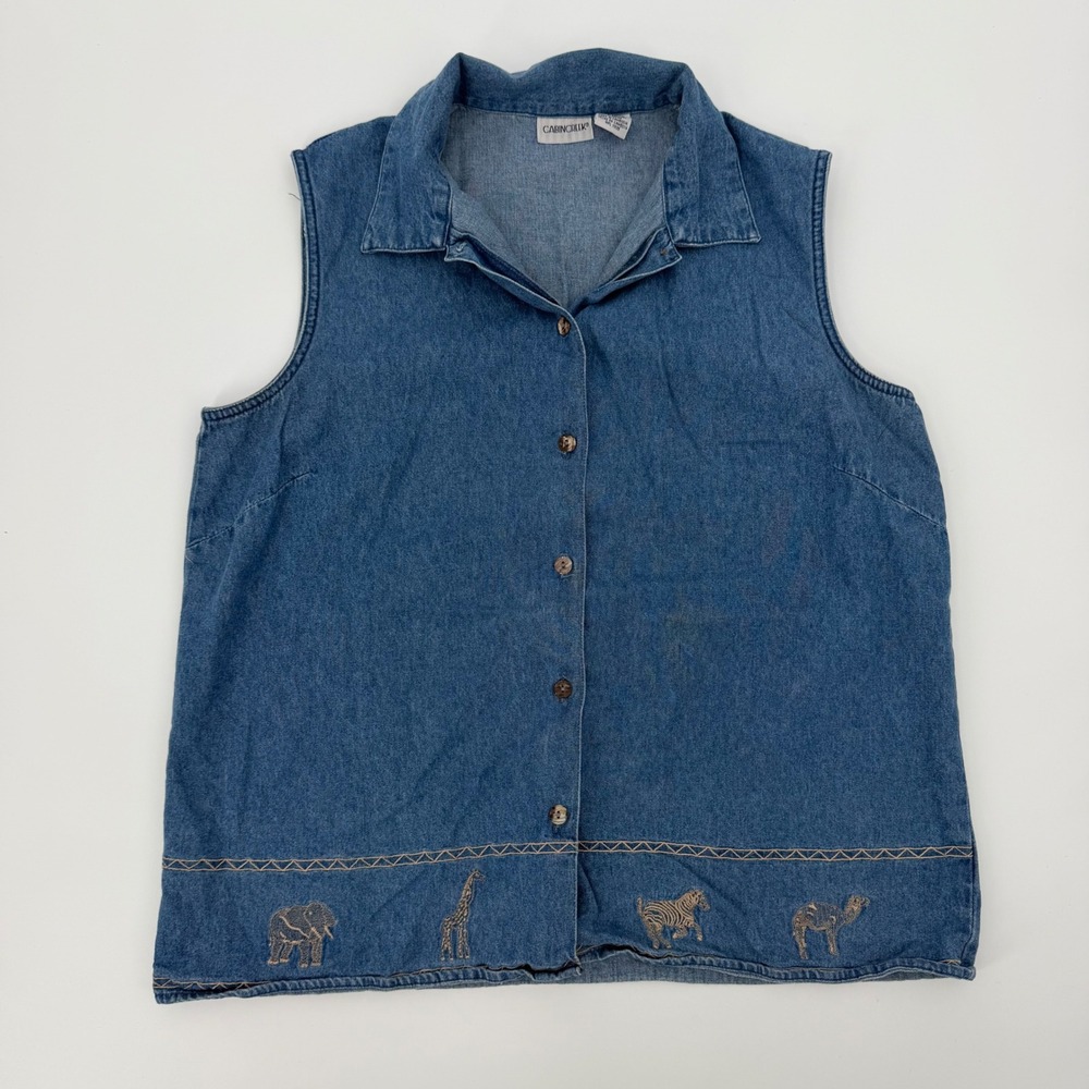 Vintage L Cabin Creek Denim Sleeveless Shirt Safari Animal Embroidered Blue